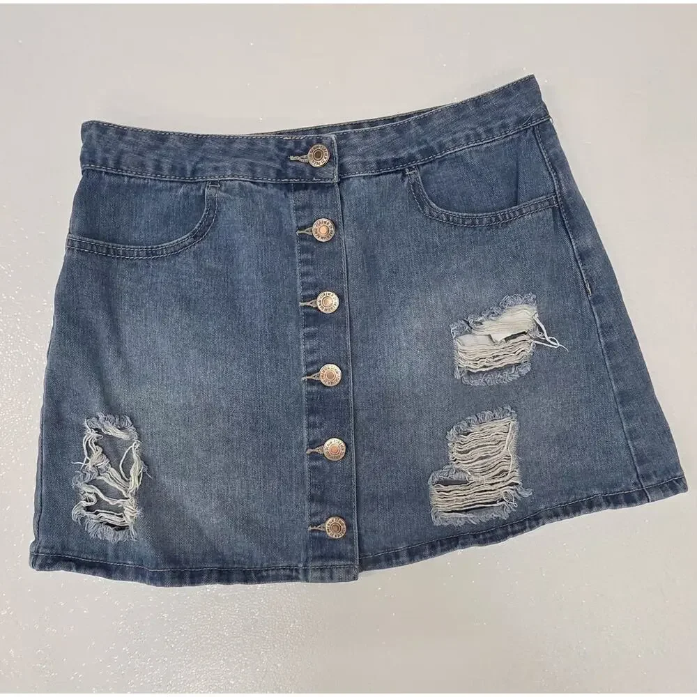 Forever 21 Distressed Denim Mini Skirt Button Front Medium Wash Size Large